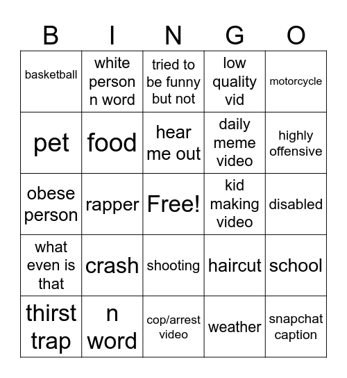 instagram Bingo Card