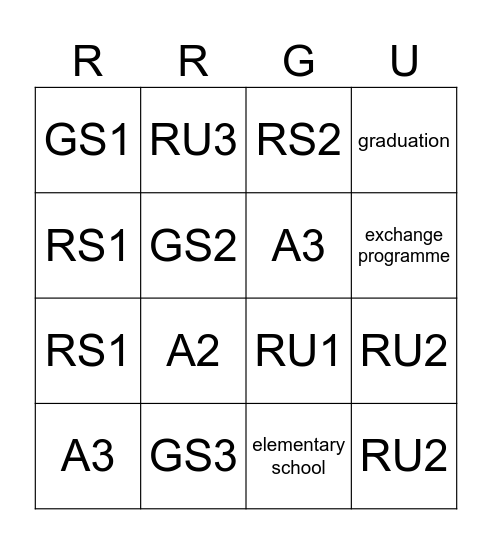 University Bingo Card