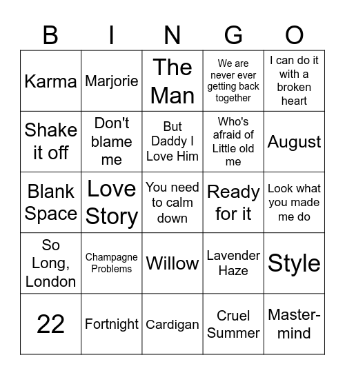 Taylor Swift Bingo Card