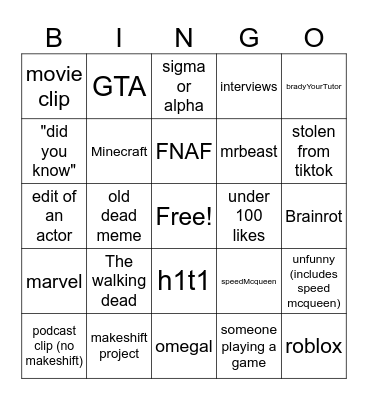 youtube shorts Bingo Card