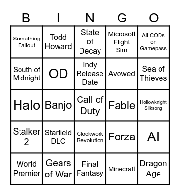 Xbox Games Showcase and Call of Duty Direct Bingo Card