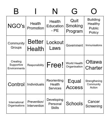 Health Promotion Bingo Card