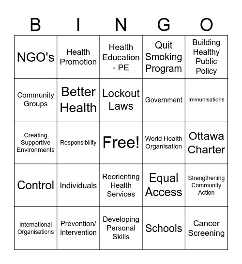 Health Promotion Bingo Card