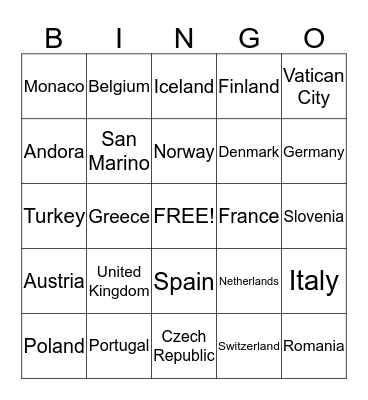 European Countries  Bingo Card
