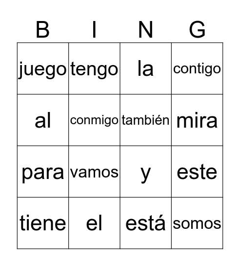 Bingo con las palabras de uso frecuente Bingo Card