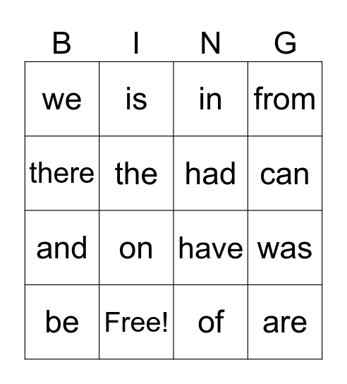 Sight Word 8 Bingo Card