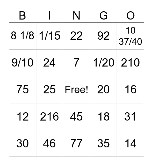 6 Math Review Bingo Card