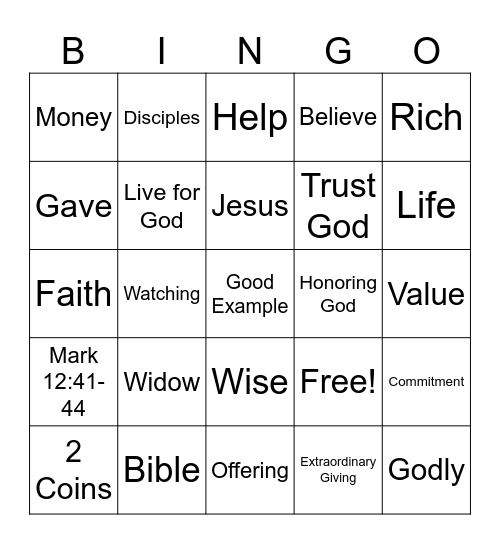 The Widow's Offering/Commitment Bingo Card