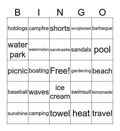 Summer Vacation Bingo Card