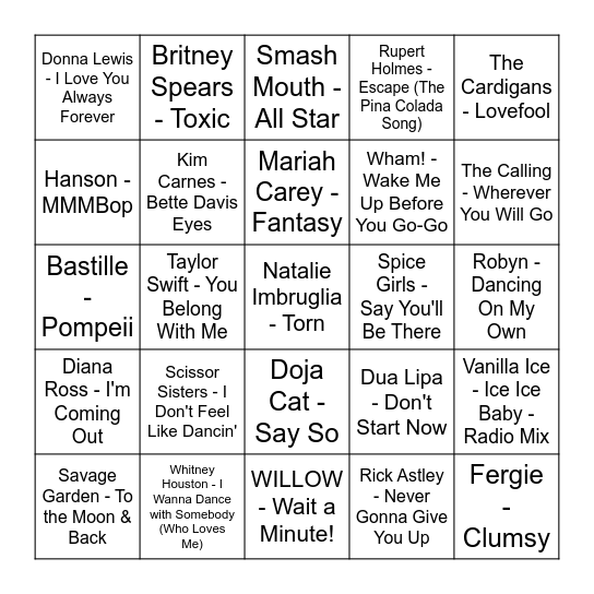 Best of Pop Bingo Card