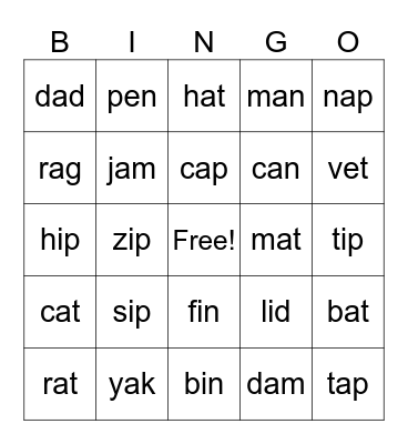 Phonics Words Bingo Card