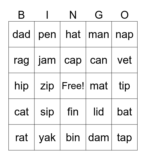 Phonics Words Bingo Card