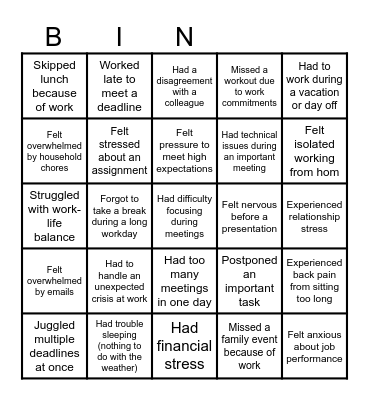 "STRESSED" BINGO Card