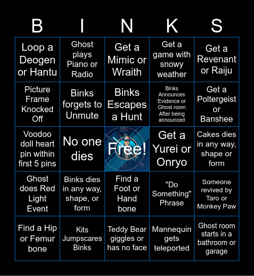 Binks Phasmophobia Bingo Card