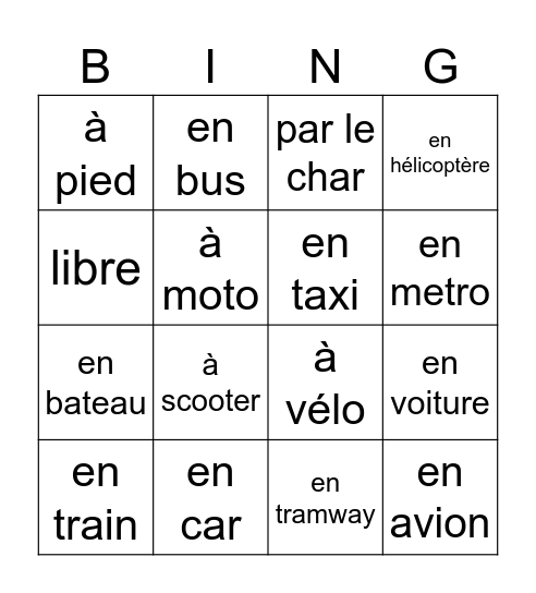 les moyens de transport Bingo Card