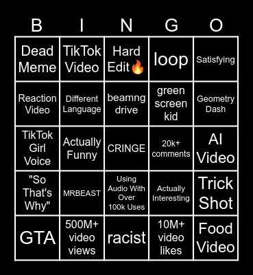 YouTube Shorts Bingo Card