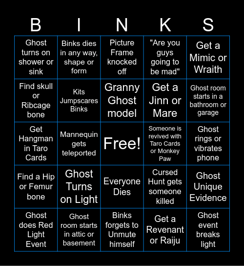 Binks Phasmo Bingo Card