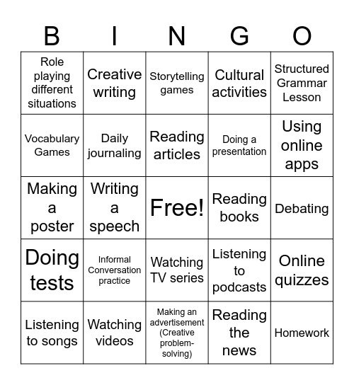 Learning Preferences Bingo Card