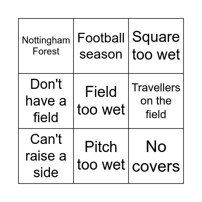 South Notts League Excuses Bingo Card