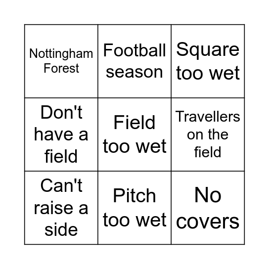 South Notts League Excuses Bingo Card