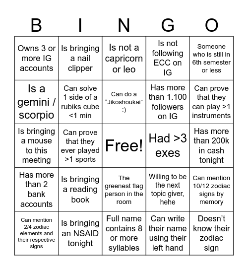 ECC “Zodiac” BINGO Card