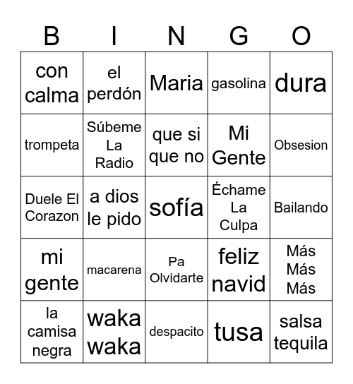 Canciones Bingo Card