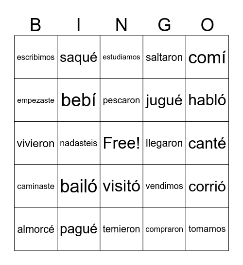 Preterite - Regular verbs Bingo Card
