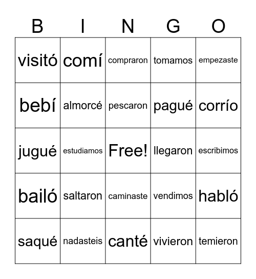 Preterite - Regular verbs Bingo Card