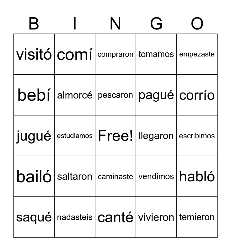 Preterite - Regular verbs Bingo Card