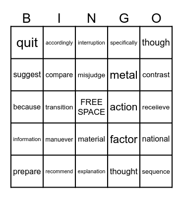 5th Grade Sight Words Bingo Card