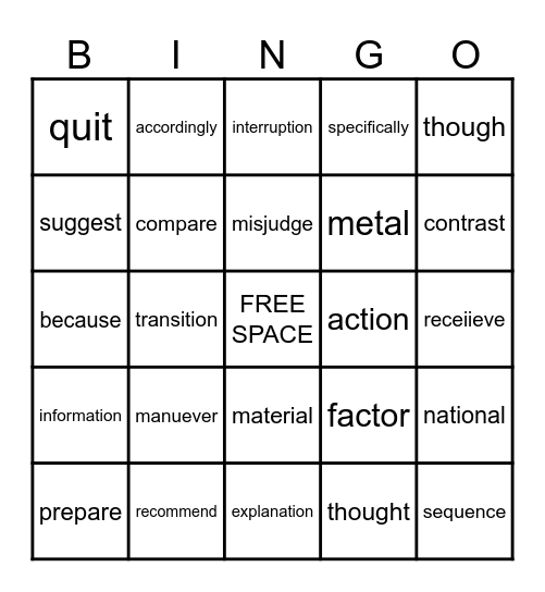 5th Grade Sight Words Bingo Card