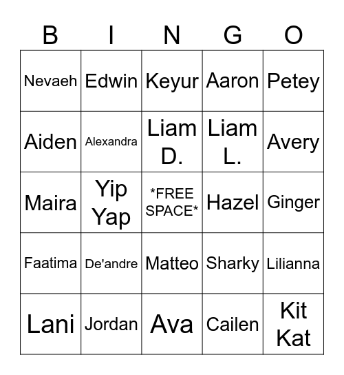Class Names Bingo Card