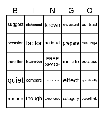 5th Grade Sight Words Bingo Card