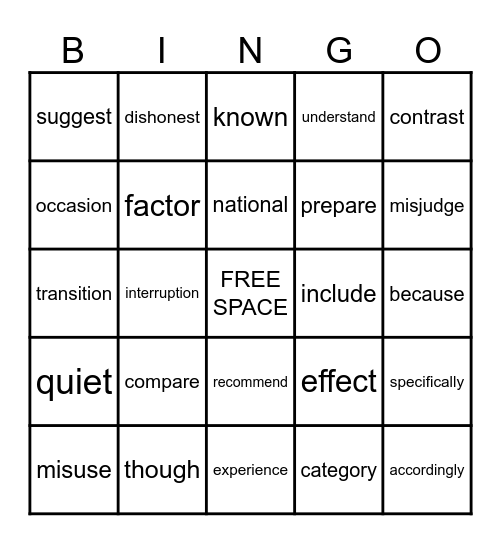 5th Grade Sight Words Bingo Card