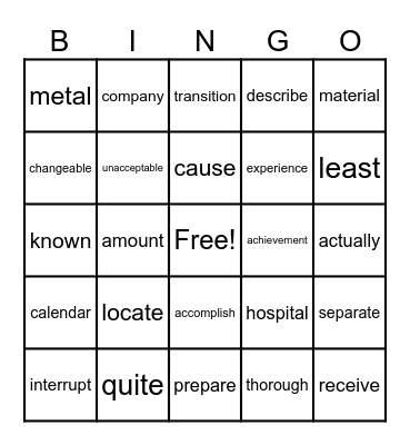 5th Grade Sight Words Bingo Card