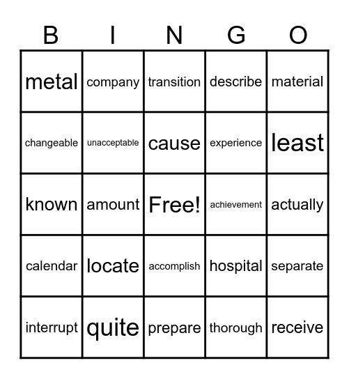 5th Grade Sight Words Bingo Card