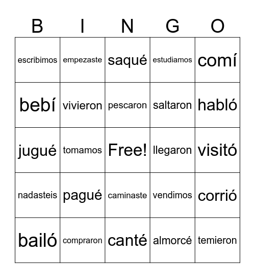 Preterite - Regular verbs Bingo Card