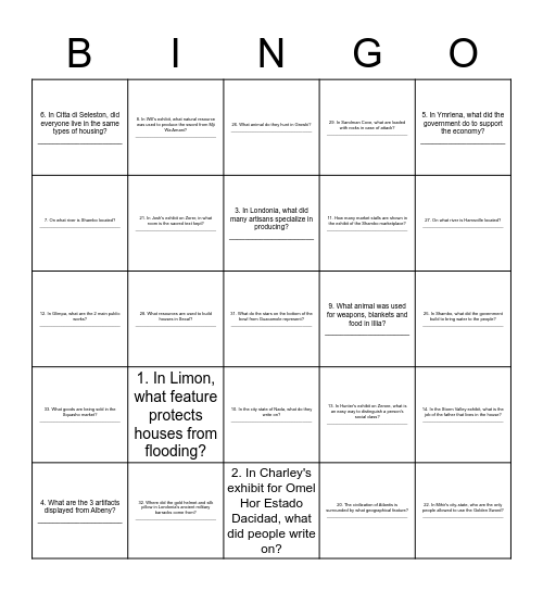 Museum Exhibit Bingo Card