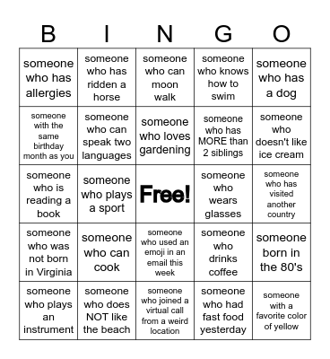 VHR Meet Me Bingo Card