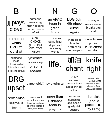 masters shanghai bingo Card