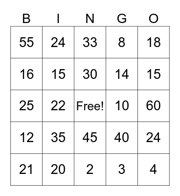 2s 3s 5s Facts Bingo Card