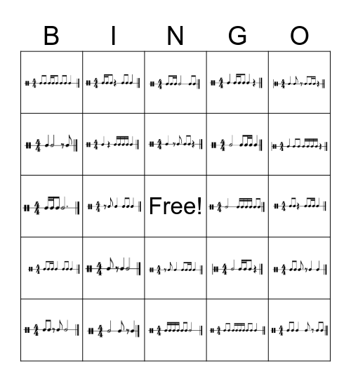 Rhythm Bingo: 8/16th Note Combos, 16th Notes, Single 8ths Bingo Card