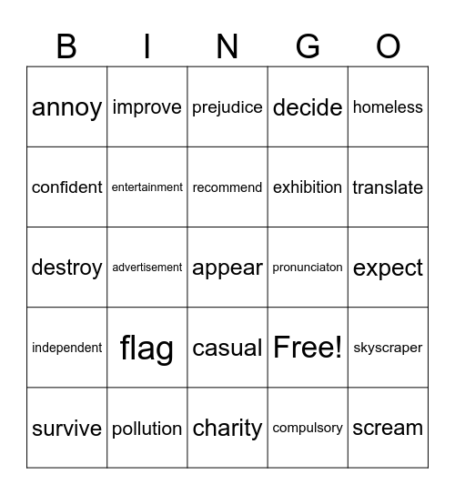 Mixed Vocabulary VII Bingo Card