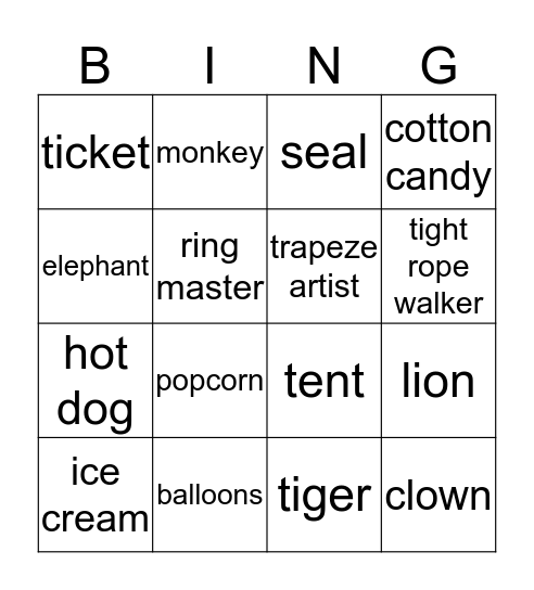 Circus Bingo Card