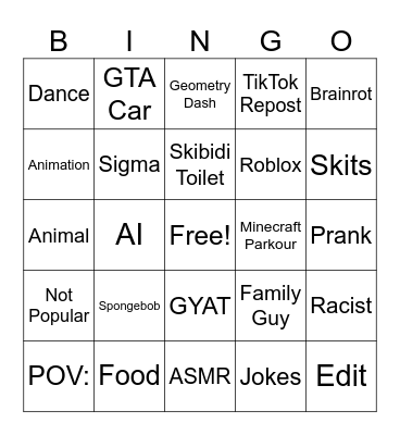 Youtube Shorts Bingo Card