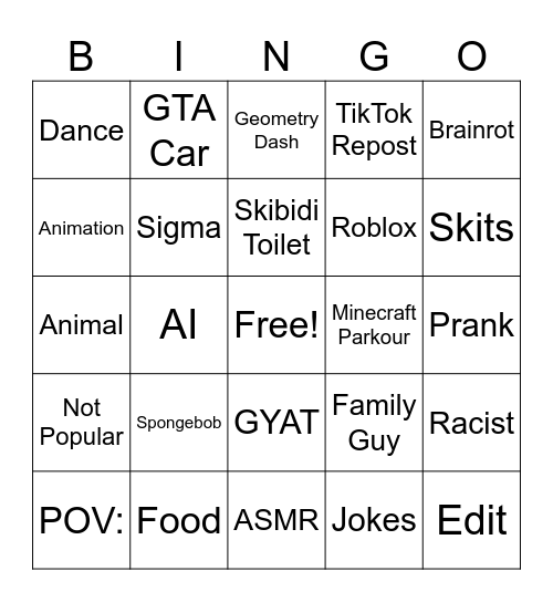 Youtube Shorts Bingo Card