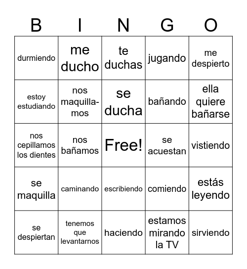 Reflexive and Present Progressive Bingo Card