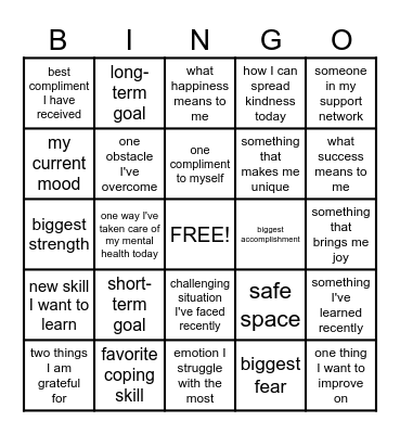 Mental Health BINGO Card