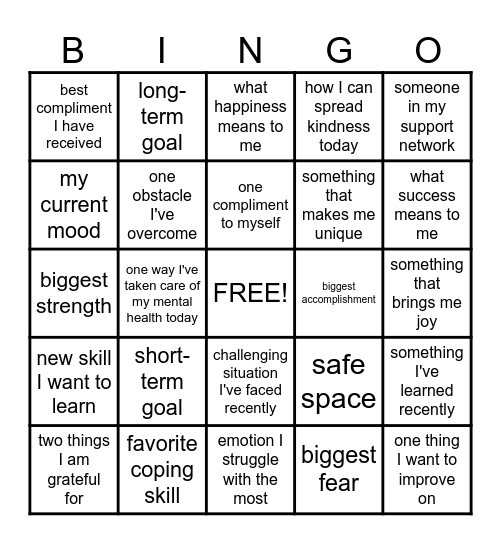 Mental Health BINGO Card