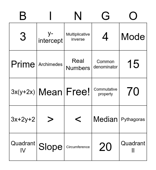 Pre-Algebra Bingo Card